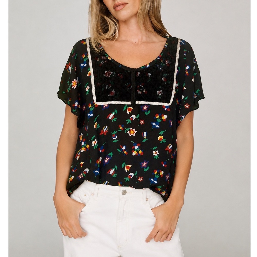 Lucca Couture Black/Red/Blue Floral Short Sleeve Blouse Top